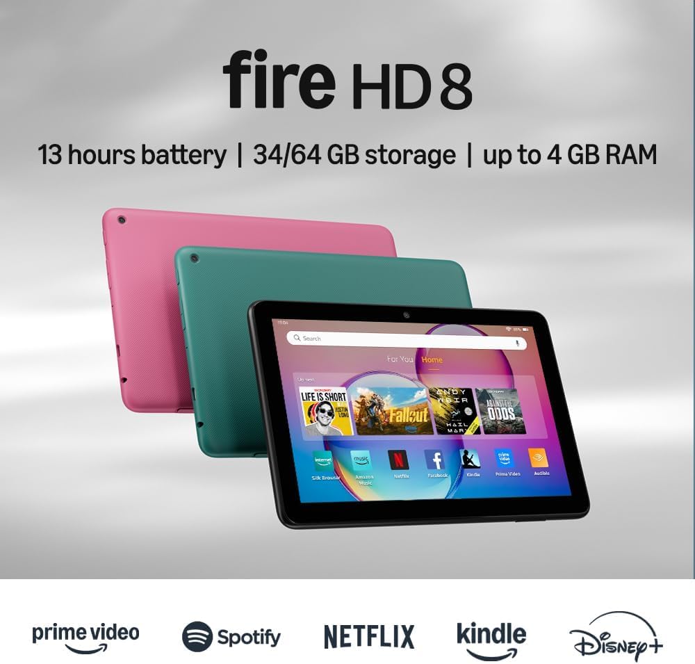 Like-New Amazon Fire HD 8 tablet (newest model), 8” HD Display, 3GB memory, 32GB, designed for portable entertainment, Black